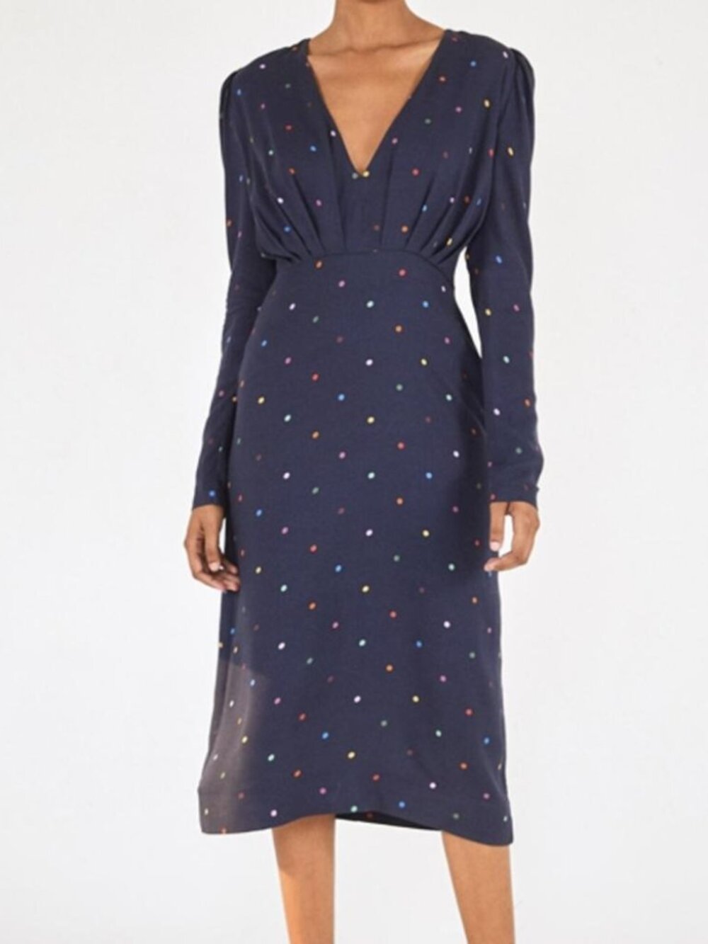 NWT FARM Rio Lucy Dots V-Neck Midi Dress Navy Multicolor L
